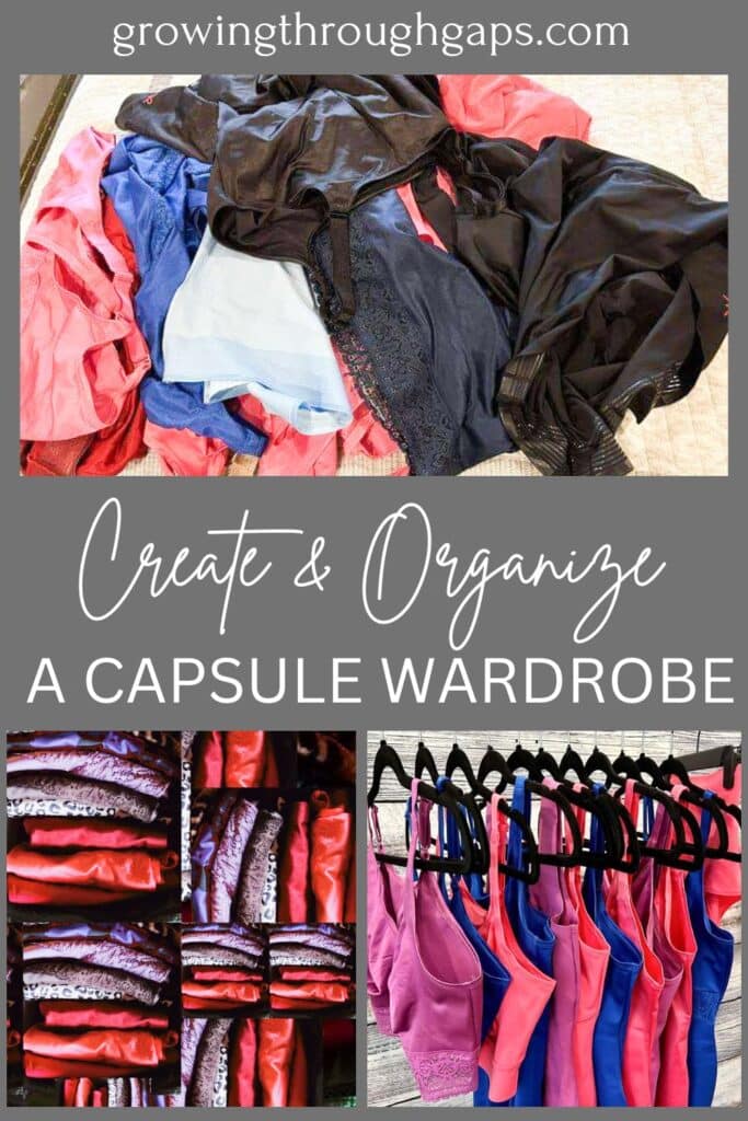 pictures of ruby ribbon shaping camis in a pile, organized into a drawer, and displayed on a hanger