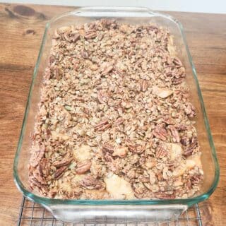 gluten free paleo apple crisp in pie pan on the counter