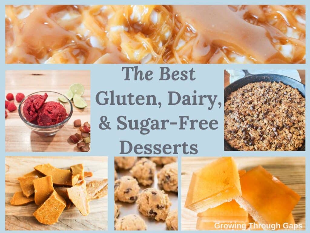 drizzled caramel, rhubarb sorbet, cookie dough balls, honey hard candy, apple jello, and skillet monster cookie presented as the best gluten, dairy, and sugar-free desserts