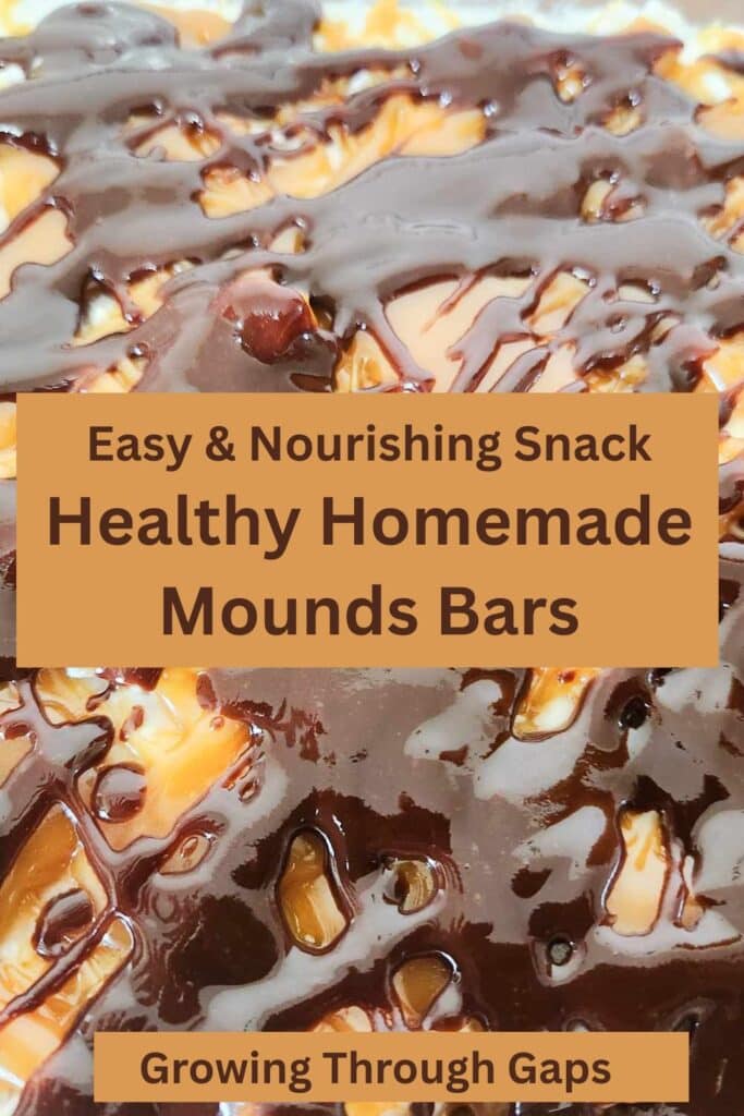 drizzles of chocolate and caramel over coconut flakes and coconut cream to make a mounds bar dessert bar