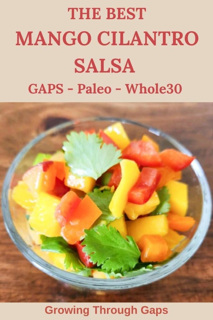 the best mango cilantro salsa- gaps, paleo, whole30 - chopped mango, chives, cilantro, red pepper, orange pepper, red onion tossed in a bowl presented on a cutting board