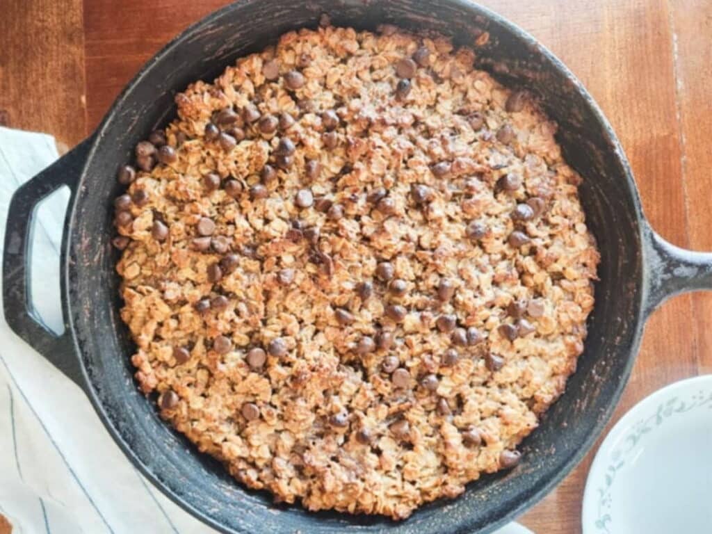 sugar free gluten free healthy skillet monster cookie with chocolate chips